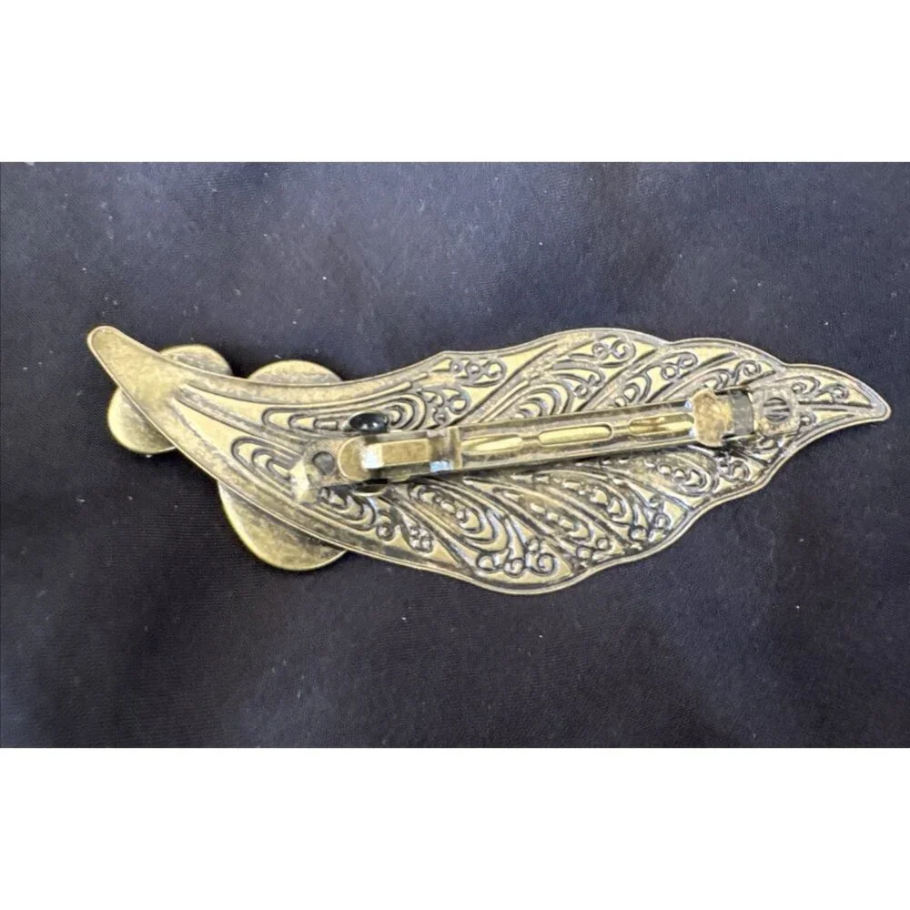 Cara NY Green Gold Rhinestone Feather Hair Barrette Pin Steampunk NEW